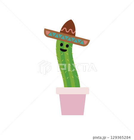 Leaning cactus with pink pot. Vector 129365284