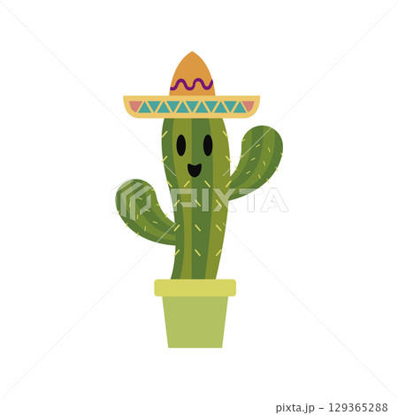 Happy cactus in green sombrero. Vector 129365288