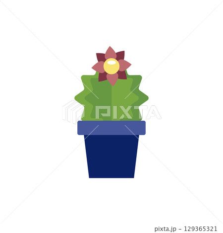 Blooming cactus in blue pot. Vector 129365321