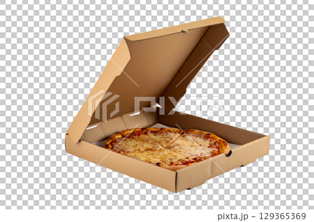 Fresh pizza in open cardboard box isolated, cheesy pizza with steam rising 129365369