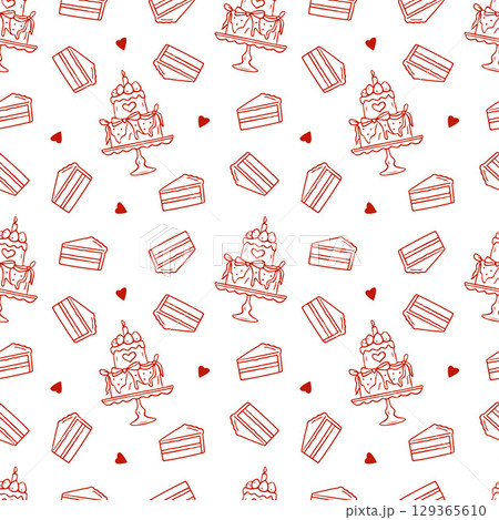Seamless pattern with red whimsical cake illustration. Hand drawn doodle sketch for wedding, birthday, party illustration. Vector illustration Seamless pattern with red whimsical cake illustration. Hand drawn doodle sketch for wedding, birthday, party illustration. Vector illustration 129365610