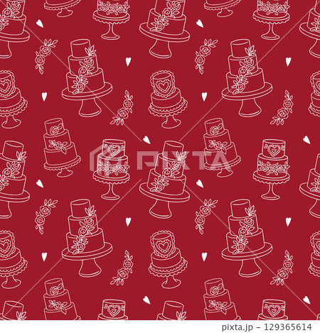 Red seamless pattern with whimsical cake illustration. Hand drawn doodle sketch for wedding, birthday, party illustration. Vector illustration 129365614