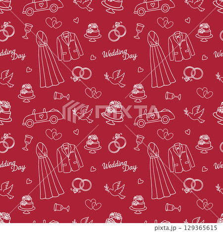 Wedding seamless pattern with line icons on red background. Wedding illustrations seamless pattern. Pattern with Wedding rings, brides dress, grooms outfit, doves. Background for weddings, valentines 129365615
