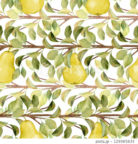 Watercolor Pear Tree Branches Seamless Pattern Illustration 129365635