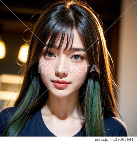 AI美女 カメラ目線 20代 長い髪 微笑 東洋人 アジア人 若い女性  129365641