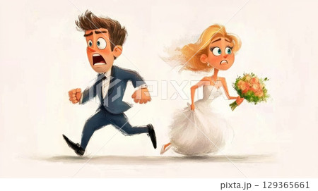 Humorous illustration of bride and groom running away from their wedding  129365661