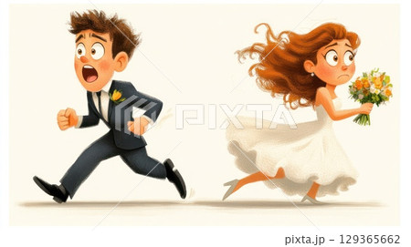 Scene of bride and groom running away from their wedding, humorous illustration 129365662