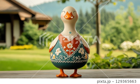 Charming goose figurine, adorned with intricately embroidered dress, stands on wooden surface Charming goose figurine, adorned with intricately embroidered dress, stands on wooden surface 129365663