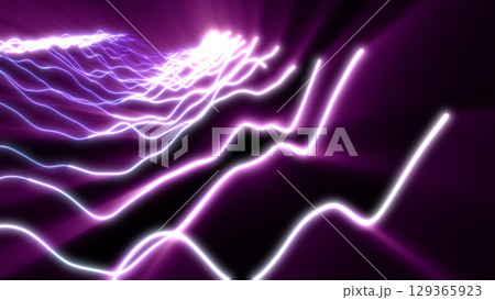 Pulsating violet and magenta light streams ripple across a digital landscape with glowing dotted lines and deep black gaps 129365923