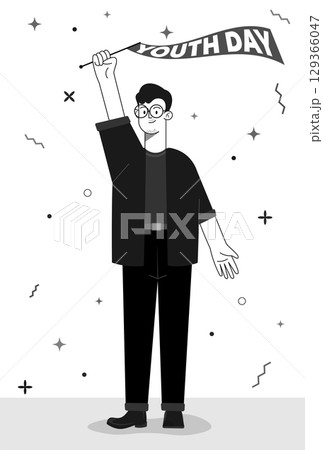 A flat design illustration of a young man character holding a flag to celebrate International Youth Day. Monochrome vector art. 129366047