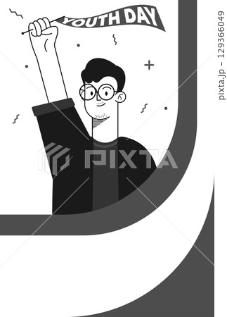 A young man character with glasses celebrating Youth Day, holding a flag. Black and white vector line art illustration for posters. 129366049