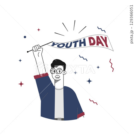 Youth Day Illustration: A vibrant illustration of a young person triumphantly holding a banner reading Youth Day, symbolizing the spirit of youth and celebration. 129366051