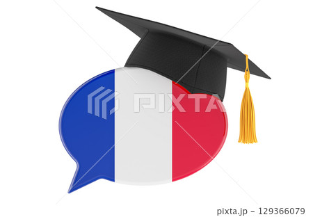Speech bubble with French flag and graduation cap, symbolizing studying or learning French language, concept. 3D rendering Speech bubble with French flag and graduation cap, symbolizing studying or learning French language, concept. 3D rendering 129366079