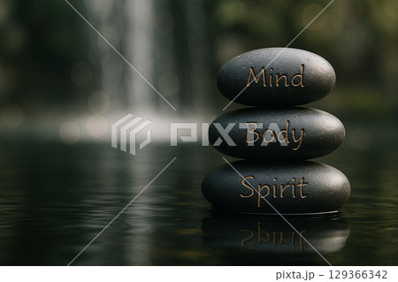 Mind, Body, Spirit Connection Through Balanced Zen Stone Arrangement. Holistic wellness and unity 129366342
