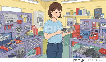 効率アップ！女性スタッフによる部品の整理整頓 129366366