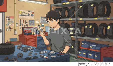 頼れる職人!タイヤ倉庫で働く男性スタッフ 頼れる職人!タイヤ倉庫で働く男性スタッフ 129366367