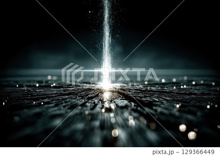 Luminous Cross Shape Created from Pixel Grids in a Dark and Mystical Environment 129366449