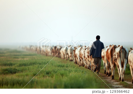 Farmer Leading a Herd of Cows Across a Green Pasture Under a Calm Sky 129366462