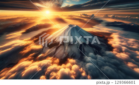 雲海と朝焼けに包まれた富士山の絶景。俯瞰 129366601