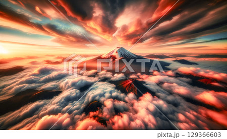 雲海と夕焼けに包まれた富士山の絶景 129366603