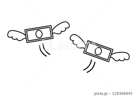 羽が生えた紙幣が飛び去るシンプルな白黒線画アイコン 羽が生えた紙幣が飛び去るシンプルな白黒線画アイコン 129366945