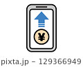 スマートフォン画面にお金と上向き矢印が表示された送金イメージ 129366949