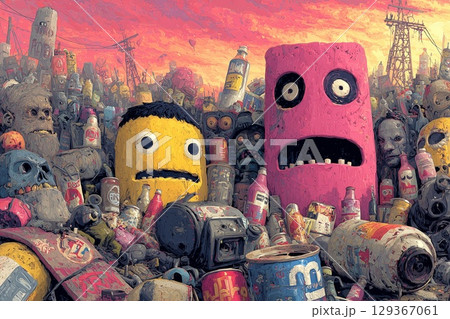 破損したビール缶の山とピンク・黄色の巨大ウイスキーボトルキャラクター｜産業廃棄物の荒廃した背景｜シュ 129367061
