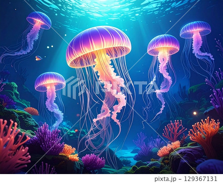 幻想的に輝くクラゲとサンゴの海の世界 129367131