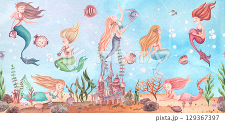 Interior sticker watercolor seamless handmade seabed with mermaids and sea creatures. Sea collection hand drawn.  129367397