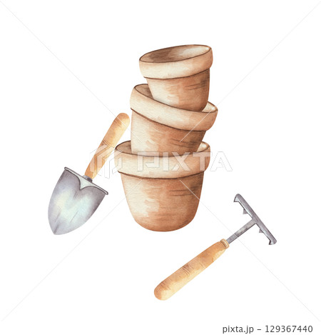 Watercolor illustration of stacked terracotta flower pots with gardening tools small spade and hand rake. Perfect for botanical, rustic, and gardening-themed designs. White background 129367440