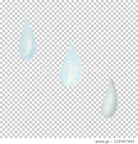 A collection of water droplets. A watercolor painting of splashes or tears. A pure raindrop, white background, hand-painted 129367442