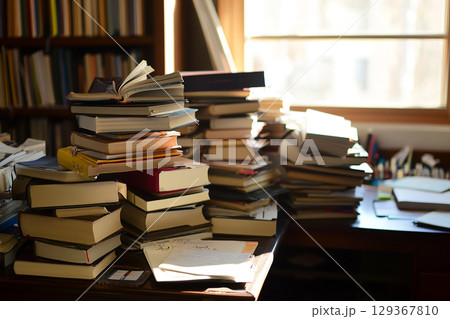 たくさんの積読した本の山と紙の質感が伝わる写真素材 129367810