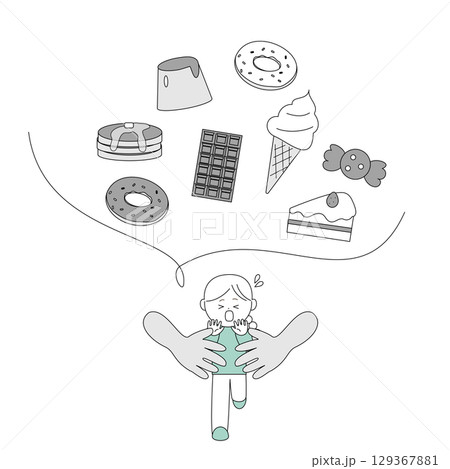 甘いものに追われて逃げる女性のイラスト 129367881