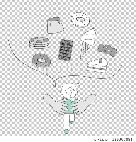 甘いものに追われて逃げる女性のイラスト 129367881