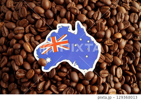 Australia flag on coffee beans, shopping online for export or import food product. Australia flag on coffee beans, shopping online for export or import food product. 129368013