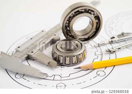 Engineering and precision tools with metal ball bering, mechanical industrial. 129368038