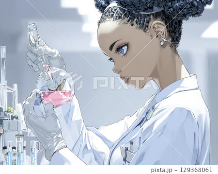 人工血液を研究する若い女性科学者のアニメ風イラスト（医療研究・最先端ラボ） 129368061