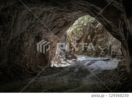View of Sinkhole of old limestone cave with Karst topsgraypy in front of Hup Pa Tat. 129368230