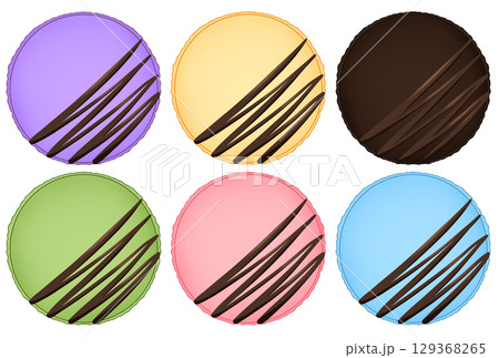 チョコラインのかかったカラフルなマカロンのイラスト チョコラインのかかったカラフルなマカロンのイラスト 129368265