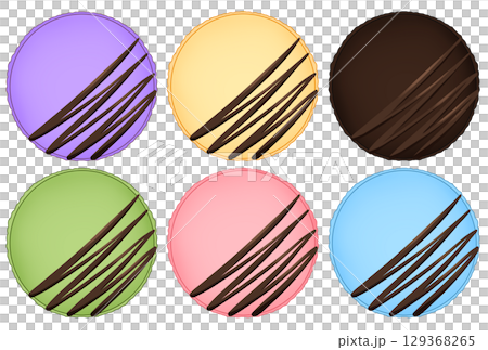 チョコラインのかかったカラフルなマカロンのイラスト チョコラインのかかったカラフルなマカロンのイラスト 129368265