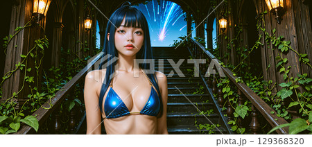 青いビキニを着て立っている青髪の美女　A beautiful blue-haired woman s 129368320