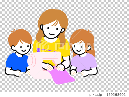 Illustration of a parent and child using a sewing machine Illustration of a parent and child using a sewing machine 129368401