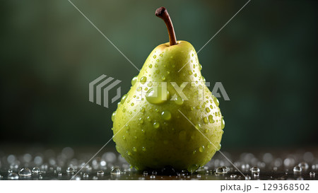 Fresh green pear with water droplets standing on a reflective surface with blurred background, creating a refreshing and vibrant image Fresh green pear with water droplets standing on a reflective surface with blurred background, creating a refreshing and vibrant image 129368502