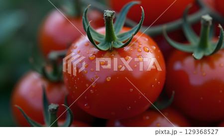 Fresh and vibrant cherry tomatoes glistening with water droplets in a close-up shot showing detail 129368527