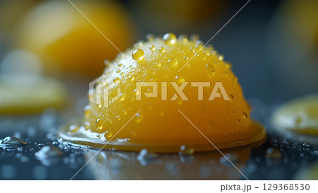 Close up of a yellow jelly candy with water droplets, creating a refreshing and enticing visual treat 129368530