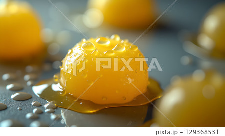 Close up view of honey drops covered in water droplets showcasing delicious texture and sweetness 129368531
