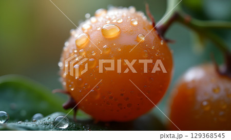 Macro close-up of orange fruit with water droplets shining after a refreshing rain shower on leaf Macro close-up of orange fruit with water droplets shining after a refreshing rain shower on leaf 129368545