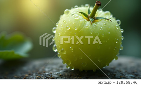 Freshness in a dew-kissed apple: A close-up shot highlighting nature's beauty and refreshing qualities with a simple background Freshness in a dew-kissed apple: A close-up shot highlighting nature's beauty and refreshing qualities with a simple background 129368546