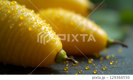 Close up macro shot of fresh ripe yellow lemons with water droplets adding refreshing feel to this delicious citrus fruit 129368550