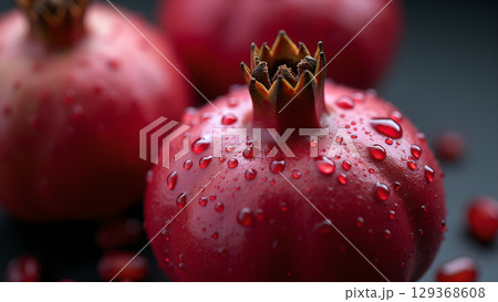 Close up shot of fresh pomegranates with water droplets on dark background to emphasize freshness 129368608